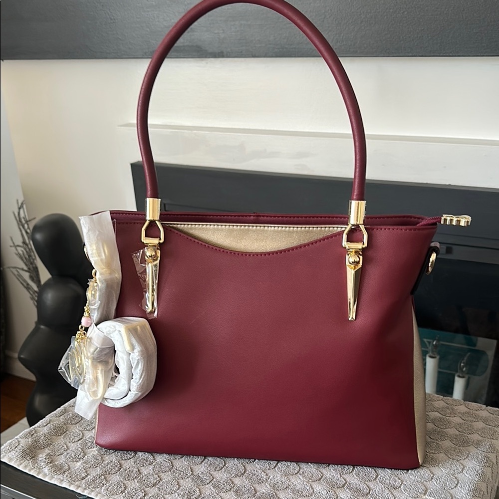 Elegant Burgundy and Gold Women's Leather Handbag